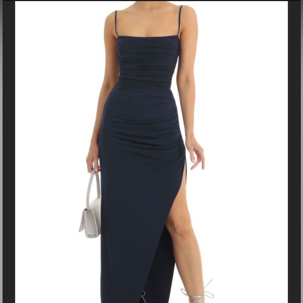 Navy blue maxi dress with leg slit, jewel strap detailing and open back